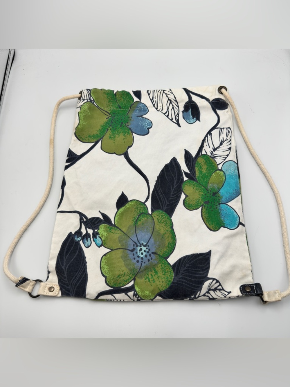 Old Navy Y2K Floral Drawstring Lined Backpack Cinch Sack In White Blue & Green